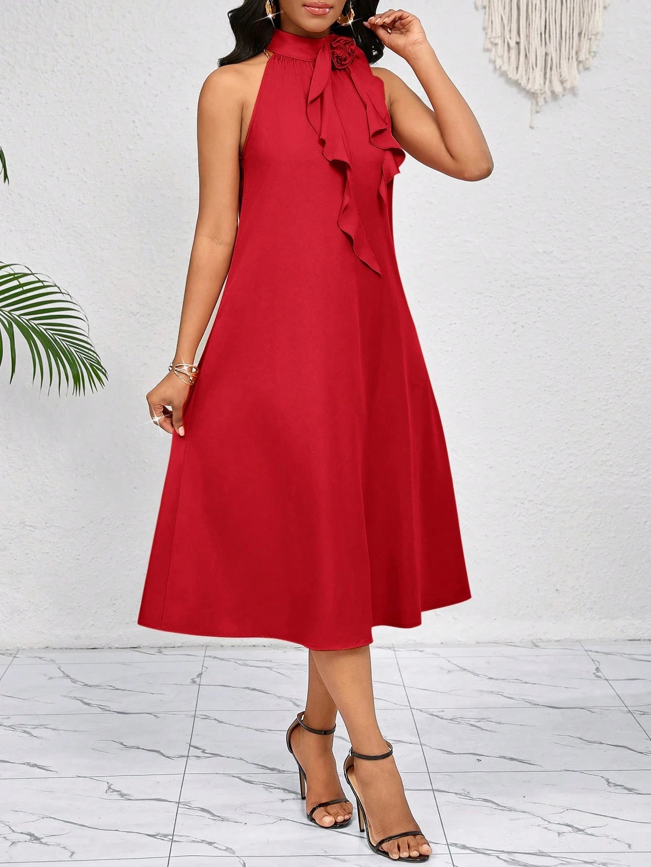 Lady 3D Three-Dimensional Flower Ruffles Decorate The Neckline.Red Mid-Length Dress.Elegant Ladies Loose And Casual.Spring Summer Vacation.Bohemian.