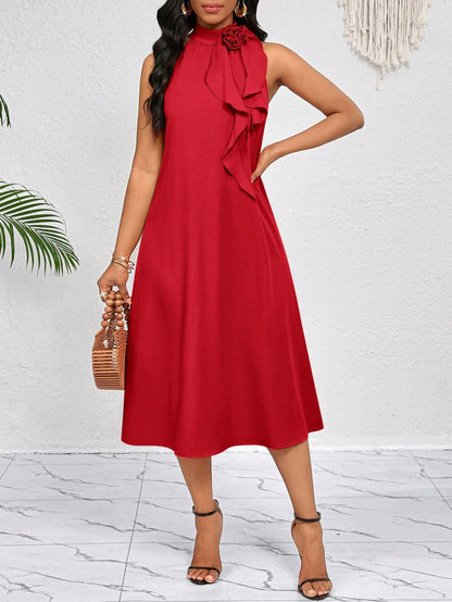 Lady 3D Three-Dimensional Flower Ruffles Decorate The Neckline.Red Mid-Length Dress.Elegant Ladies Loose And Casual.Spring Summer Vacation.Bohemian.