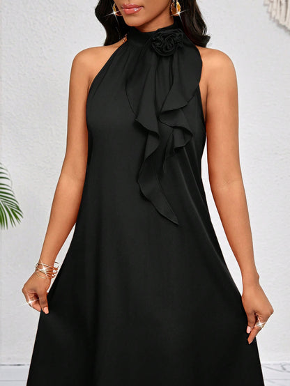 Lady 3D Three-Dimensional Flower Ruffles Decorate The Neckline.Red Mid-Length Dress.Elegant Ladies Loose And Casual.Spring Summer Vacation.Bohemian.