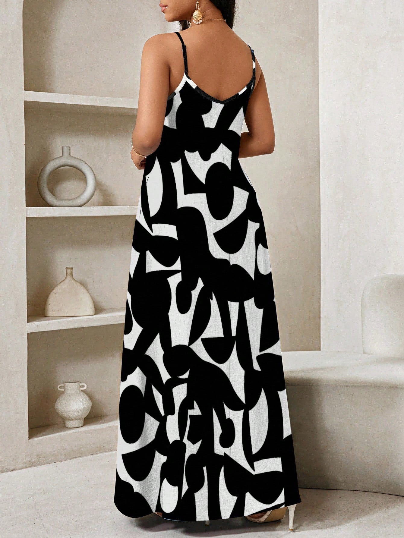 Lady Geometric Print, Long Slip Dress Suitable For Everyday Casual Sexy Tropical Wear Vacation Black And White Summer