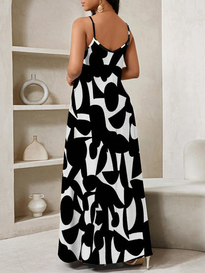 Lady Geometric Print, Long Slip Dress Suitable For Everyday Casual Sexy Tropical Wear Vacation Black And White Summer