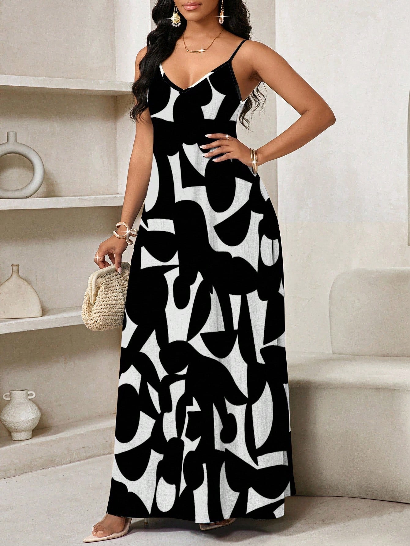 Lady Geometric Print, Long Slip Dress Suitable For Everyday Casual Sexy Tropical Wear Vacation Black And White Summer