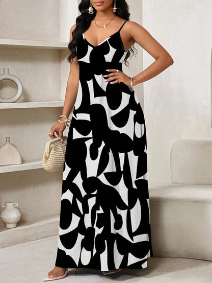 Lady Geometric Print, Long Slip Dress Suitable For Everyday Casual Sexy Tropical Wear Vacation Black And White Summer