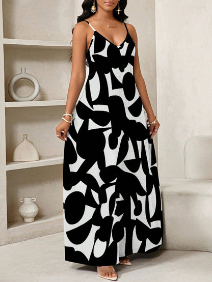 Lady Geometric Print, Long Slip Dress Suitable For Everyday Casual Sexy Tropical Wear Vacation Black And White Summer