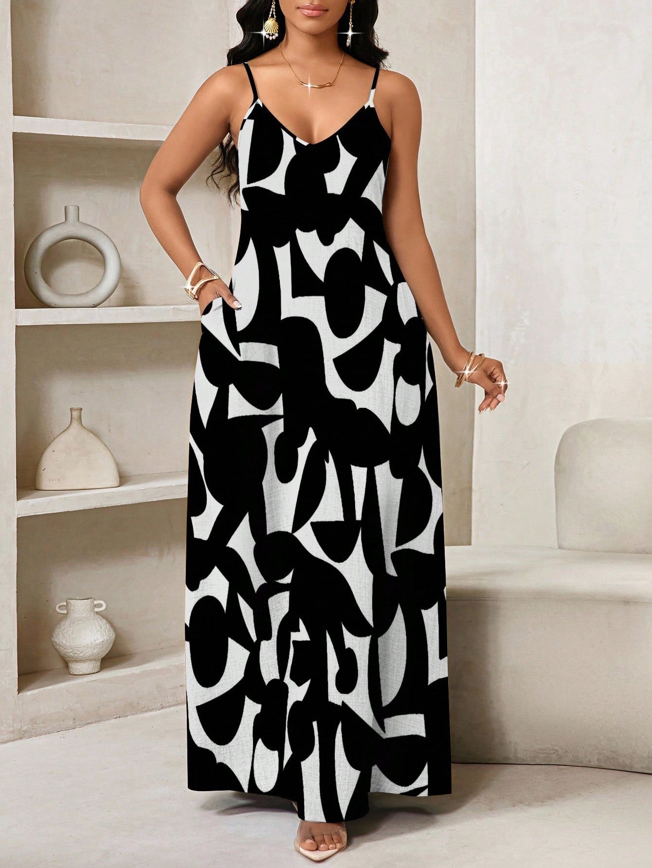 Lady Geometric Print, Long Slip Dress Suitable For Everyday Casual Sexy Tropical Wear Vacation Black And White Summer