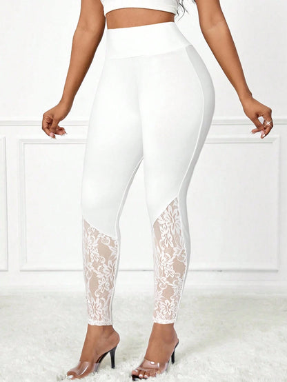 Lady Women Eleglant Solid Color Lace Patchwork Leggings Pants For Women Petite