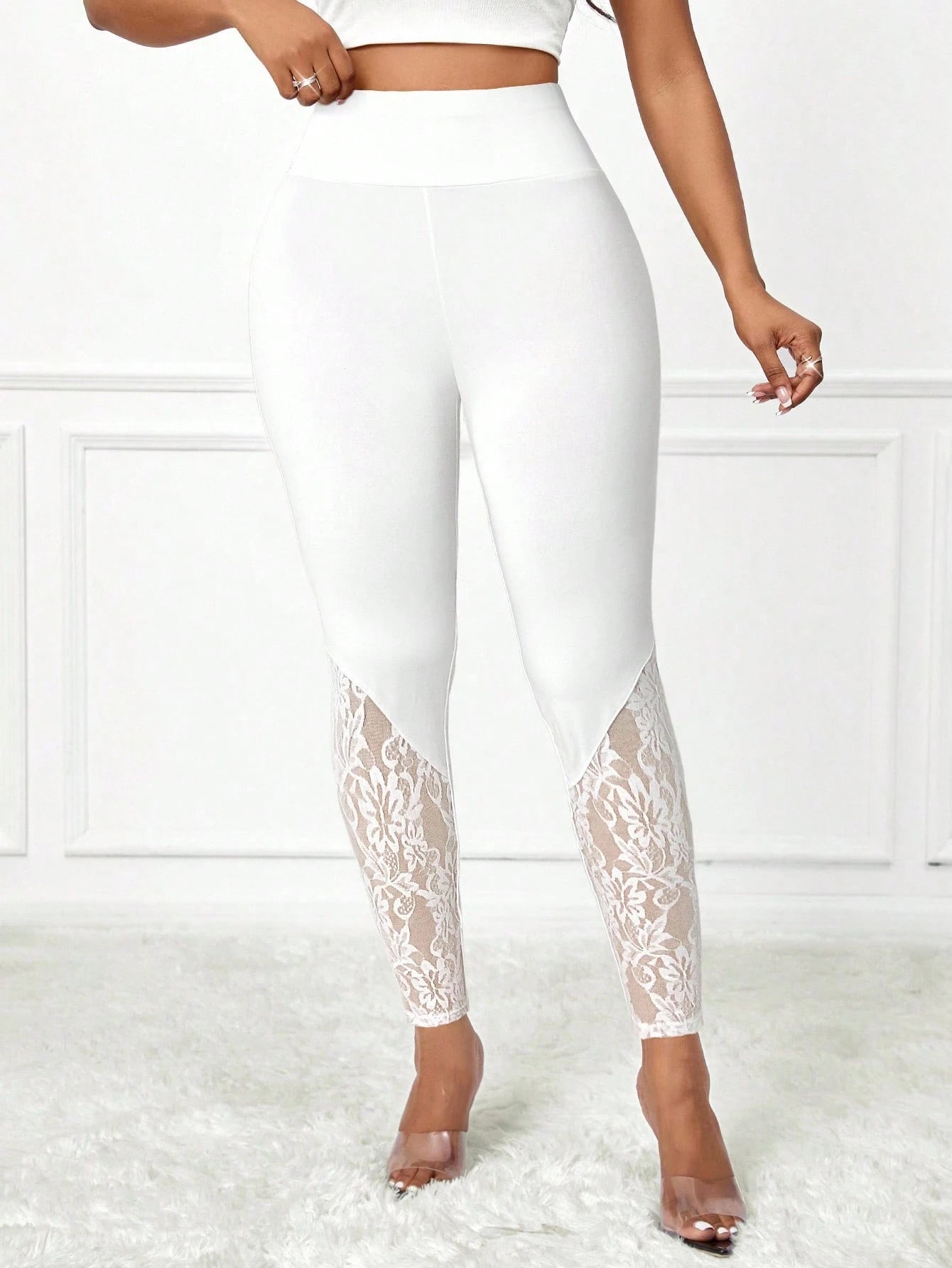 Lady Women Eleglant Solid Color Lace Patchwork Leggings Pants For Women Petite