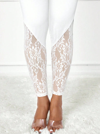 Lady Women Eleglant Solid Color Lace Patchwork Leggings Pants For Women Petite