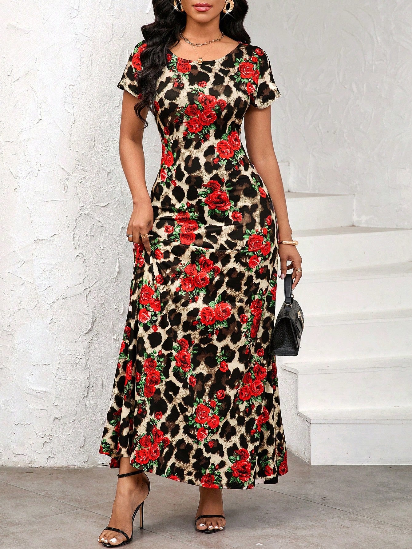 Lady Women's Leopard Floral Print Round Neck Short Sleeve Dress, Elegant Sexy Night Out Party Beige Summer