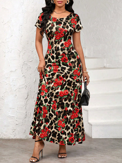 Lady Women's Leopard Floral Print Round Neck Short Sleeve Dress, Elegant Sexy Night Out Party Beige Summer