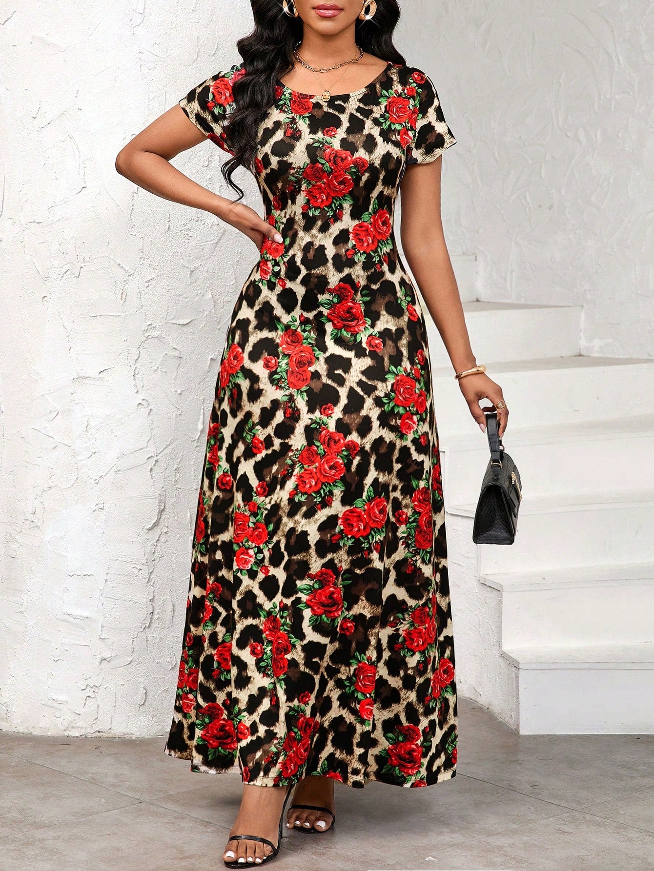 Lady Women's Leopard Floral Print Round Neck Short Sleeve Dress, Elegant Sexy Night Out Party Beige Summer
