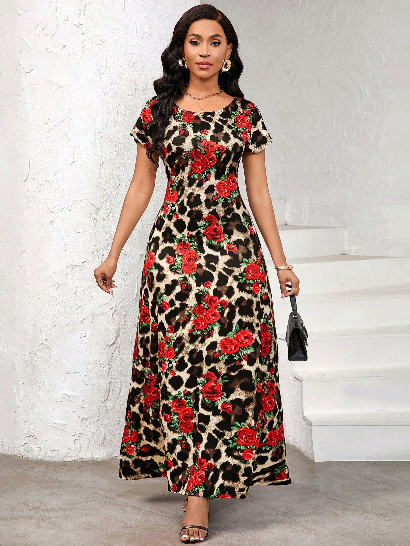 Lady Women's Leopard Floral Print Round Neck Short Sleeve Dress, Elegant Sexy Night Out Party Beige Summer