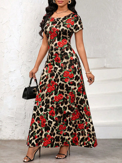 Lady Women's Leopard Floral Print Round Neck Short Sleeve Dress, Elegant Sexy Night Out Party Beige Summer