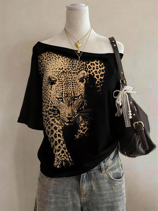 Lalippa Leopard Print Fashionable Minimalist Women's Oversized Scoop Neck Short Sleeve Drop Shoulder T-Shirt, Gift For Friends