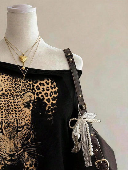 Lalippa Leopard Print Fashionable Minimalist Women's Oversized Scoop Neck Short Sleeve Drop Shoulder T-Shirt, Gift For Friends