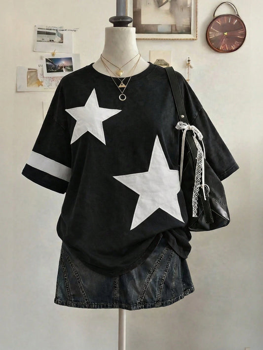 Lalippa Pentagram Embroidered Oversized Mid-Length Round Neck Drop Shoulder Women's T-Shirt, Minimalist Fashion, A Gift For Friends