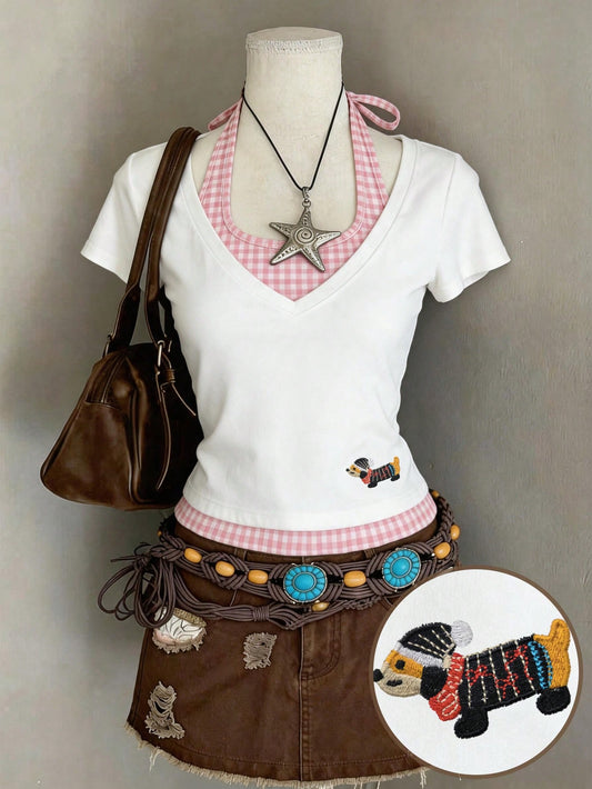 Lalippa Plaid Digital Print Puppy Embroidery Minimalist V-Neck Short Sleeve T-Shirt, Gift For Friends