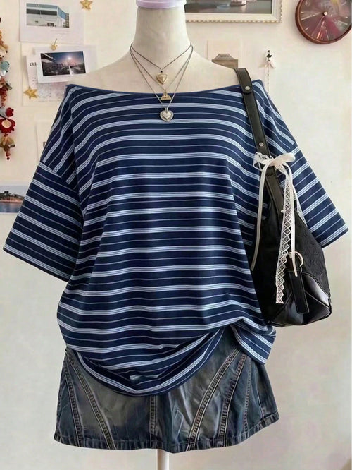 Lalippa Plus Size Women's Striped Short Sleeve Casual Loose Fit T-Shirt
