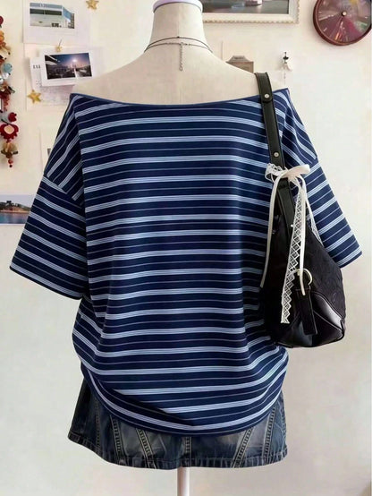 Lalippa Plus Size Women's Striped Short Sleeve Casual Loose Fit T-Shirt