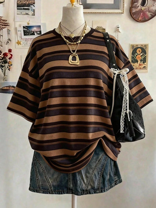 Lalippa Striped Digital Print Casual Oversized Mid-Length Round Neck Drop Shoulder Women T-Shirt, Gift For Friends