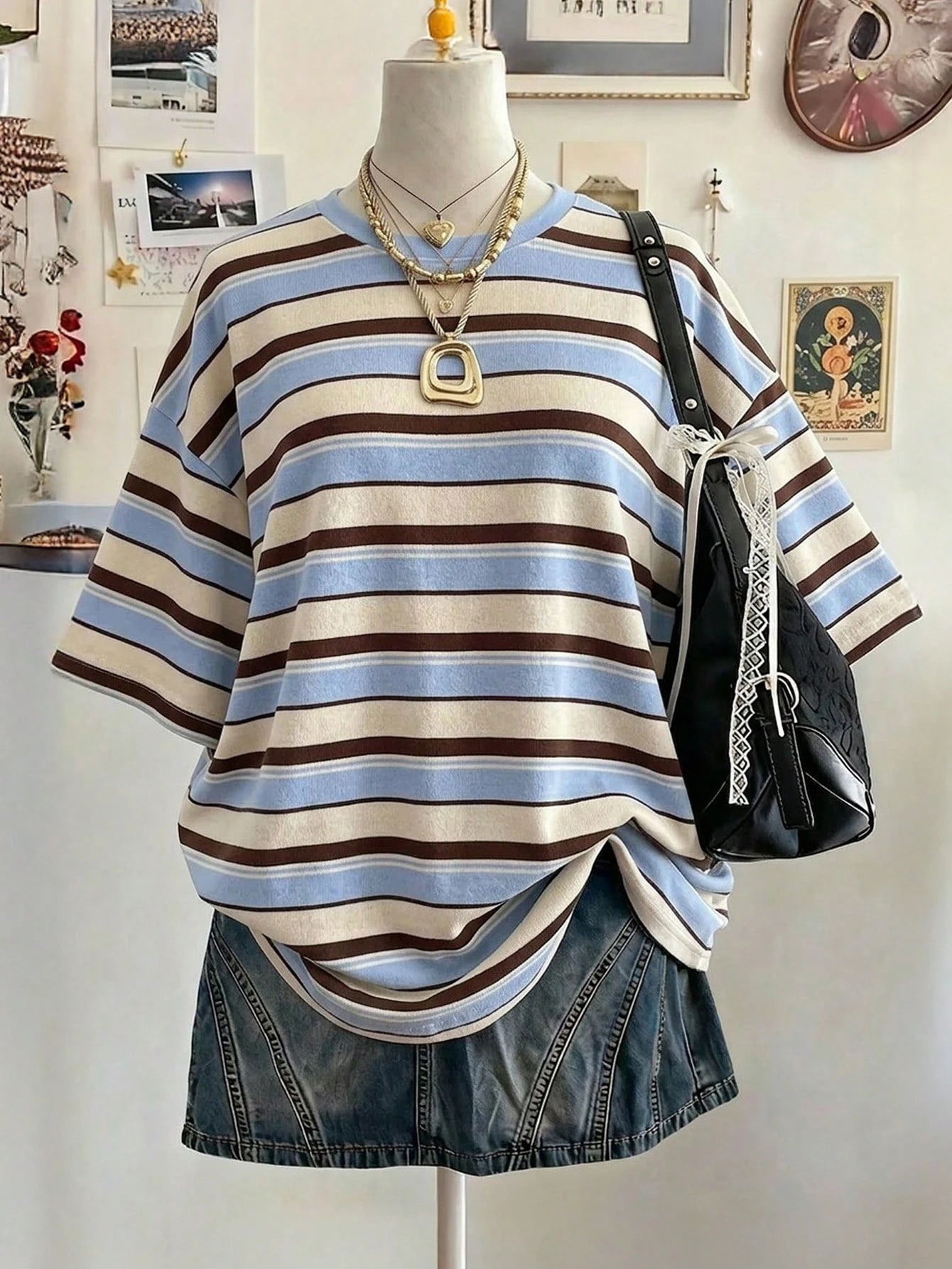 Lalippa Striped Digital Print Casual Oversized Mid-Length Round Neck Drop Shoulder Women T-Shirt, Gift For Friends
