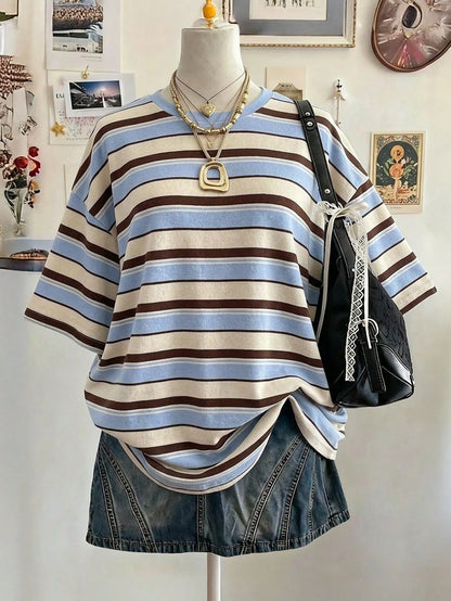 Lalippa Striped Digital Print Casual Oversized Mid-Length Round Neck Drop Shoulder Women T-Shirt, Gift For Friends