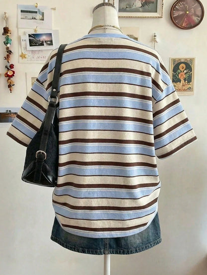 Lalippa Striped Digital Print Casual Oversized Mid-Length Round Neck Drop Shoulder Women T-Shirt, Gift For Friends