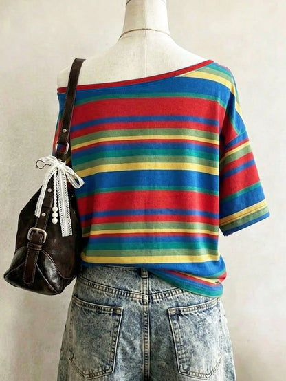Lalippa Striped Digital Print Fashion Minimalist Women's Round Neck T-Shirt, Gift For Friends