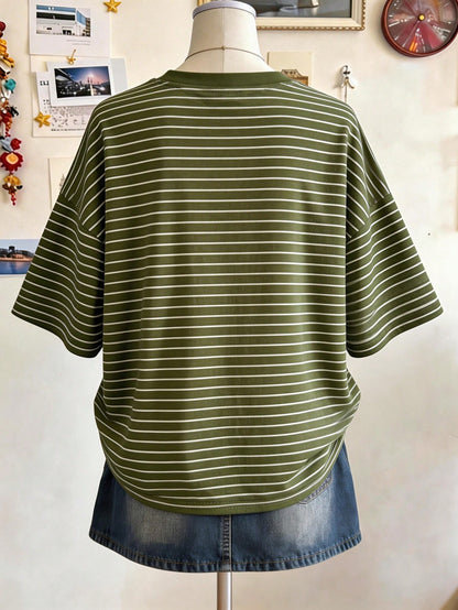 Lalippa Striped Digital Print Fashionable Minimalist Plus Size Women Long Loose Round Neck T-Shirt, Gift For Friends