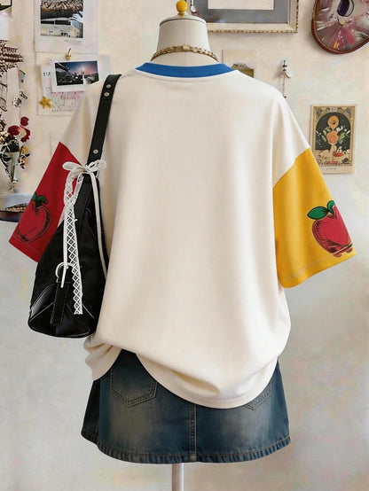 Lalippa Striped Digital Print Fashionable Minimalist Plus Size Women Long Loose Round Neck T-Shirt, Gift For Friends