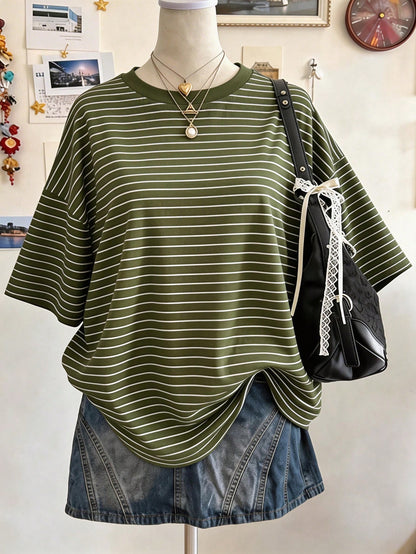 Lalippa Striped Digital Print Fashionable Minimalist Plus Size Women Long Loose Round Neck T-Shirt, Gift For Friends