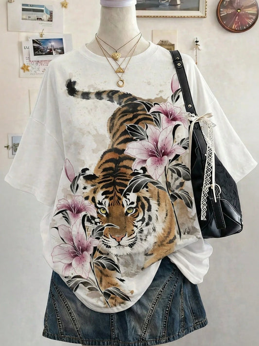 Lalippa Tiger Digital Print Fashion Minimalist Oversized Mid-Length Round Neck Drop Shoulder Women's T-Shirt Friend's Gift