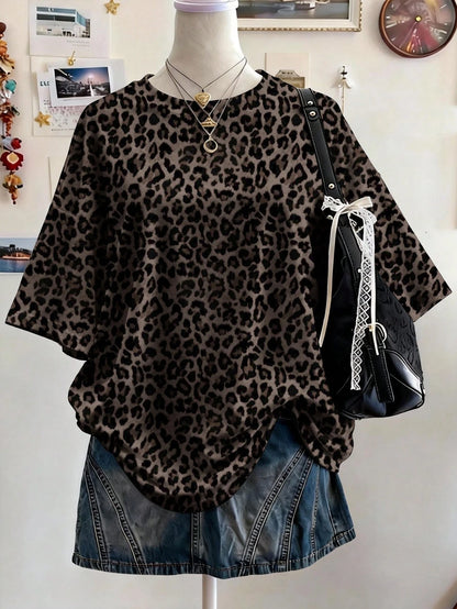 Lalippa Tiger Digital Print Fashion Minimalist Oversized Mid-Length Round Neck Drop Shoulder Women's T-Shirt Friend's Gift