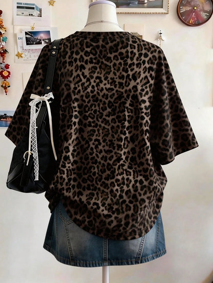 Lalippa Tiger Digital Print Fashion Minimalist Oversized Mid-Length Round Neck Drop Shoulder Women's T-Shirt Friend's Gift