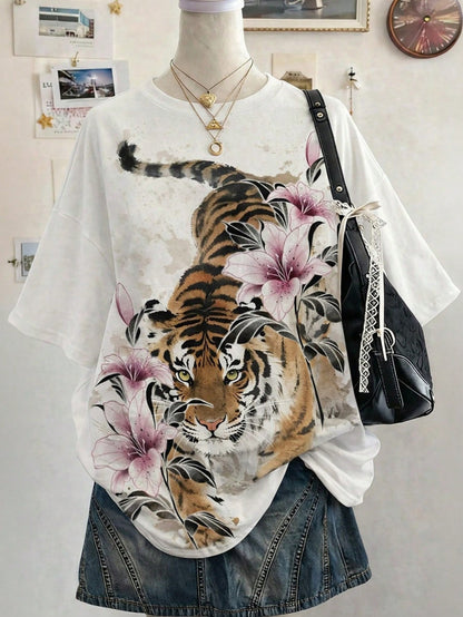 Lalippa Tiger Digital Print Fashion Minimalist Oversized Mid-Length Round Neck Drop Shoulder Women's T-Shirt Friend's Gift