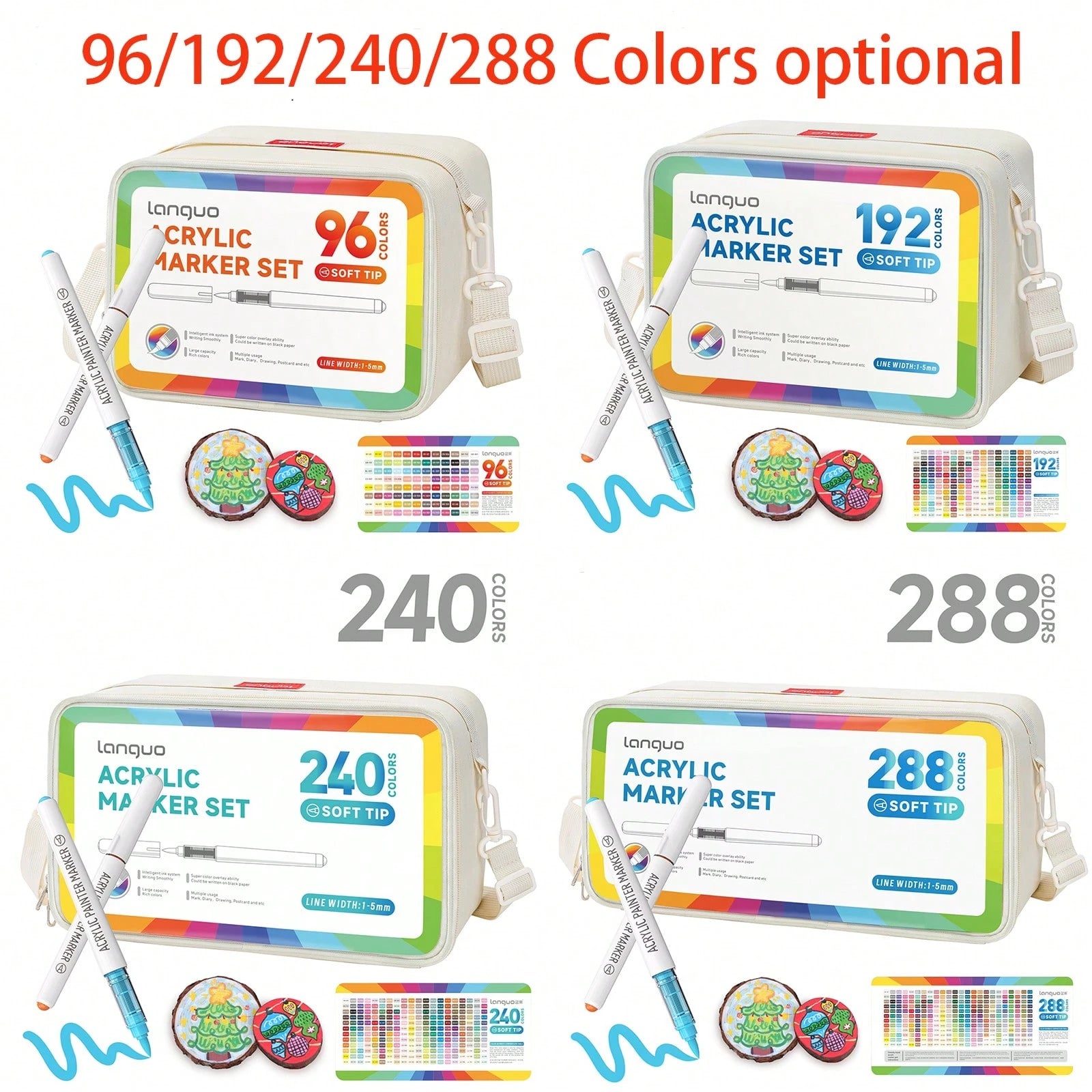 Languo 288/240/192/96/9 Colors/Set Acrylic Paint Art Markers, Paint Markers, Drawing Graffiti Markers, Large Ink Capacity, Felt Tip Pen Stationery Set, Soft Tip 1-5mm Thickness Adjustable, Art Paintin