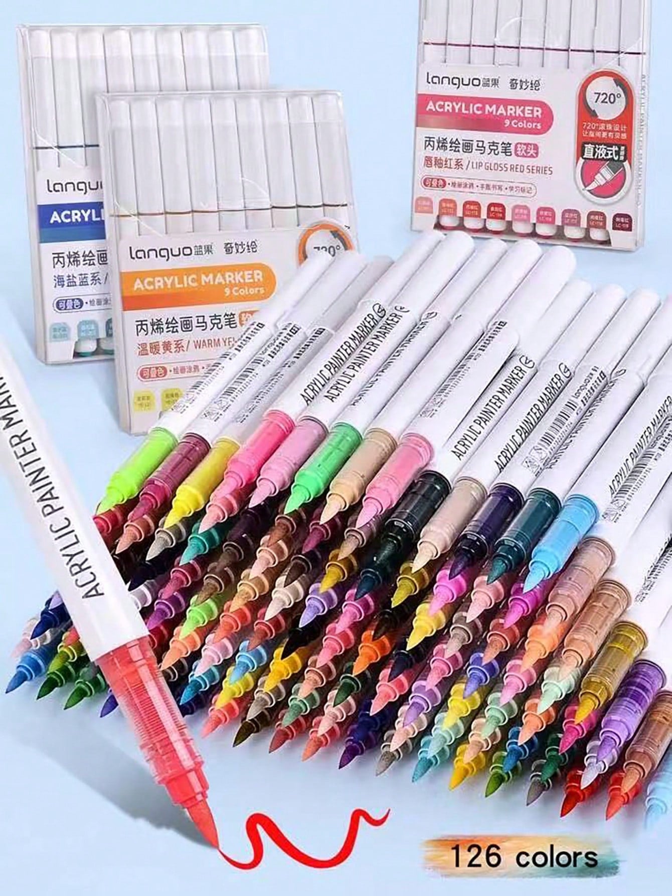 Languo 288/240/192/96/9 Colors/Set Acrylic Paint Art Markers, Paint Markers, Drawing Graffiti Markers, Large Ink Capacity, Felt Tip Pen Stationery Set, Soft Tip 1-5mm Thickness Adjustable, Art Paintin