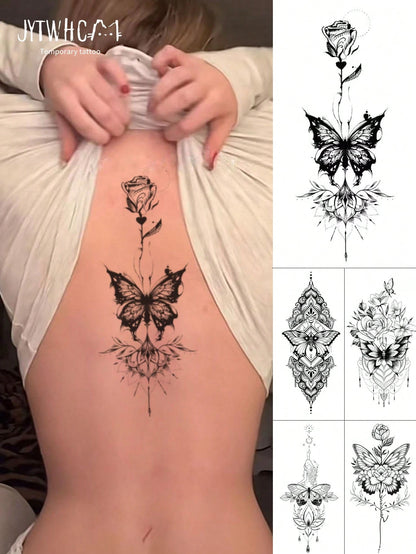 Large Black Realistic Vintage Sketch Rose, Butterfly & Mandala Floral Temporary Tattoo Stickers, Women's Back Waist Spine Tattoo, Bohemian Style Floral Waterproof Long-Lasting Realistic Body Stickers