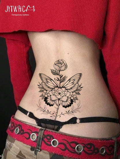 Large Black Realistic Vintage Sketch Rose, Butterfly & Mandala Floral Temporary Tattoo Stickers, Women's Back Waist Spine Tattoo, Bohemian Style Floral Waterproof Long-Lasting Realistic Body Stickers