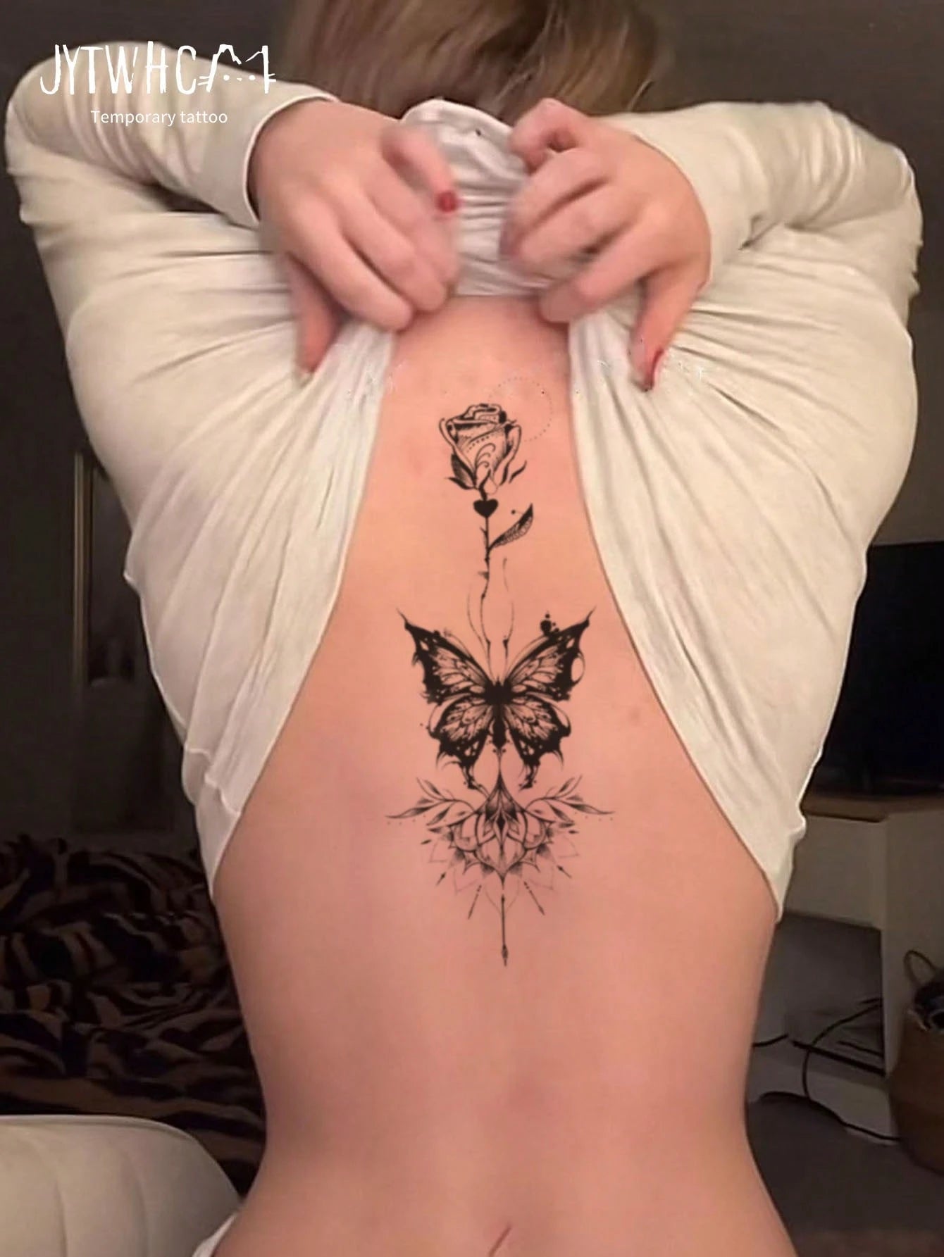 Large Black Realistic Vintage Sketch Rose, Butterfly & Mandala Floral Temporary Tattoo Stickers, Women's Back Waist Spine Tattoo, Bohemian Style Floral Waterproof Long-Lasting Realistic Body Stickers