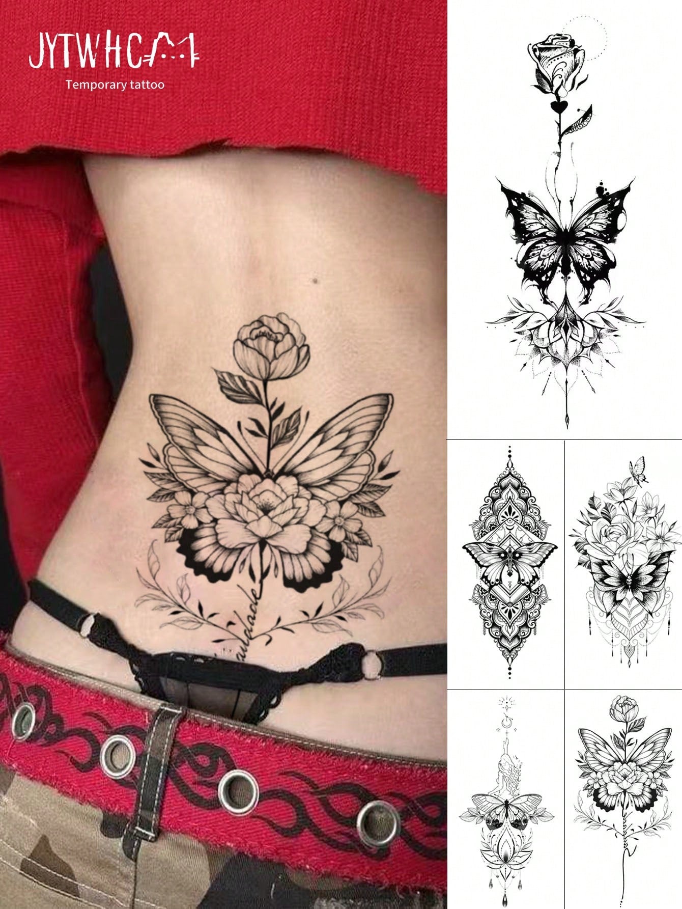 Large Black Realistic Vintage Sketch Rose, Butterfly & Mandala Floral Temporary Tattoo Stickers, Women's Back Waist Spine Tattoo, Bohemian Style Floral Waterproof Long-Lasting Realistic Body Stickers