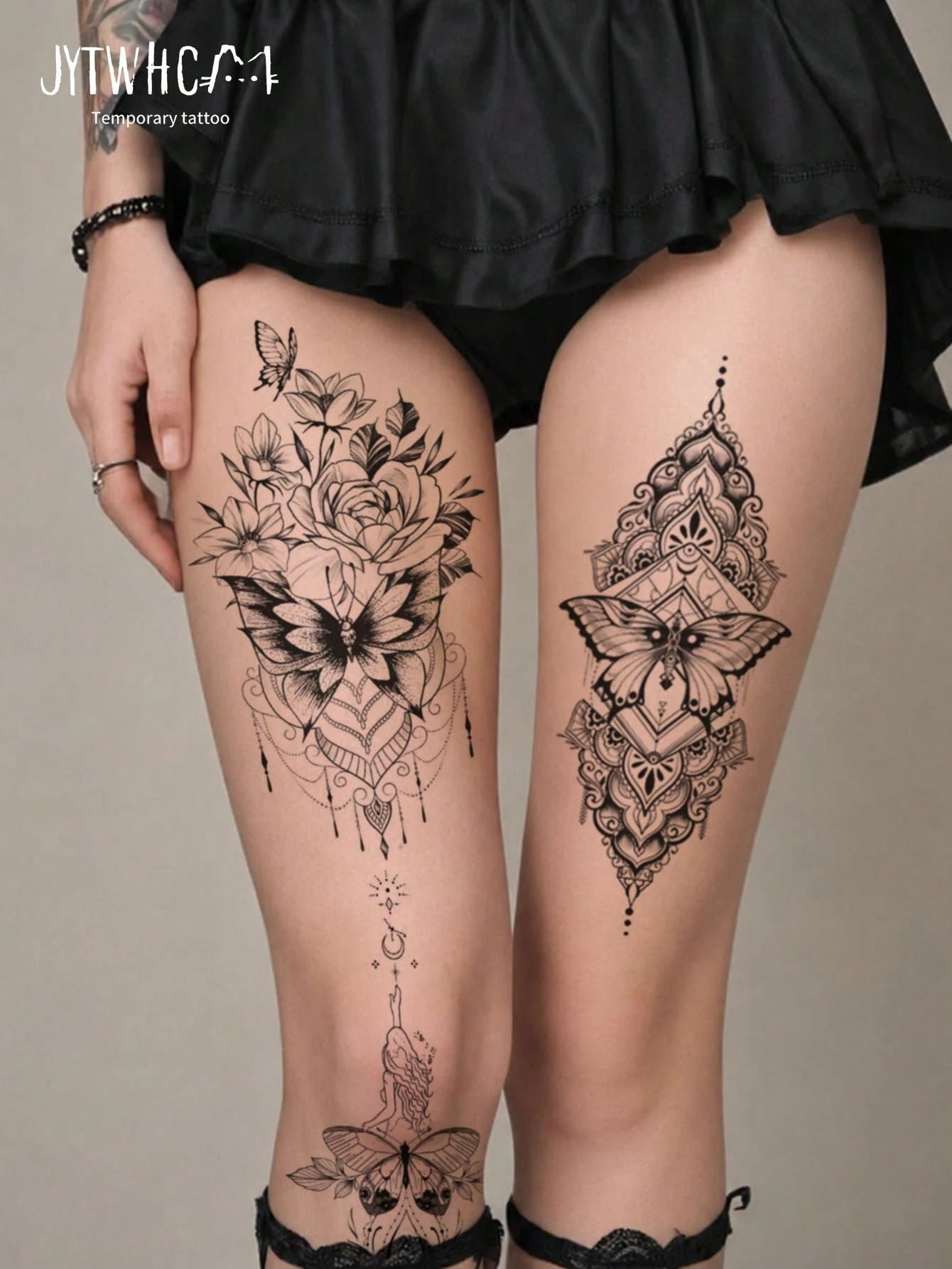 Large Black Realistic Vintage Sketch Rose, Butterfly & Mandala Floral Temporary Tattoo Stickers, Women's Back Waist Spine Tattoo, Bohemian Style Floral Waterproof Long-Lasting Realistic Body Stickers