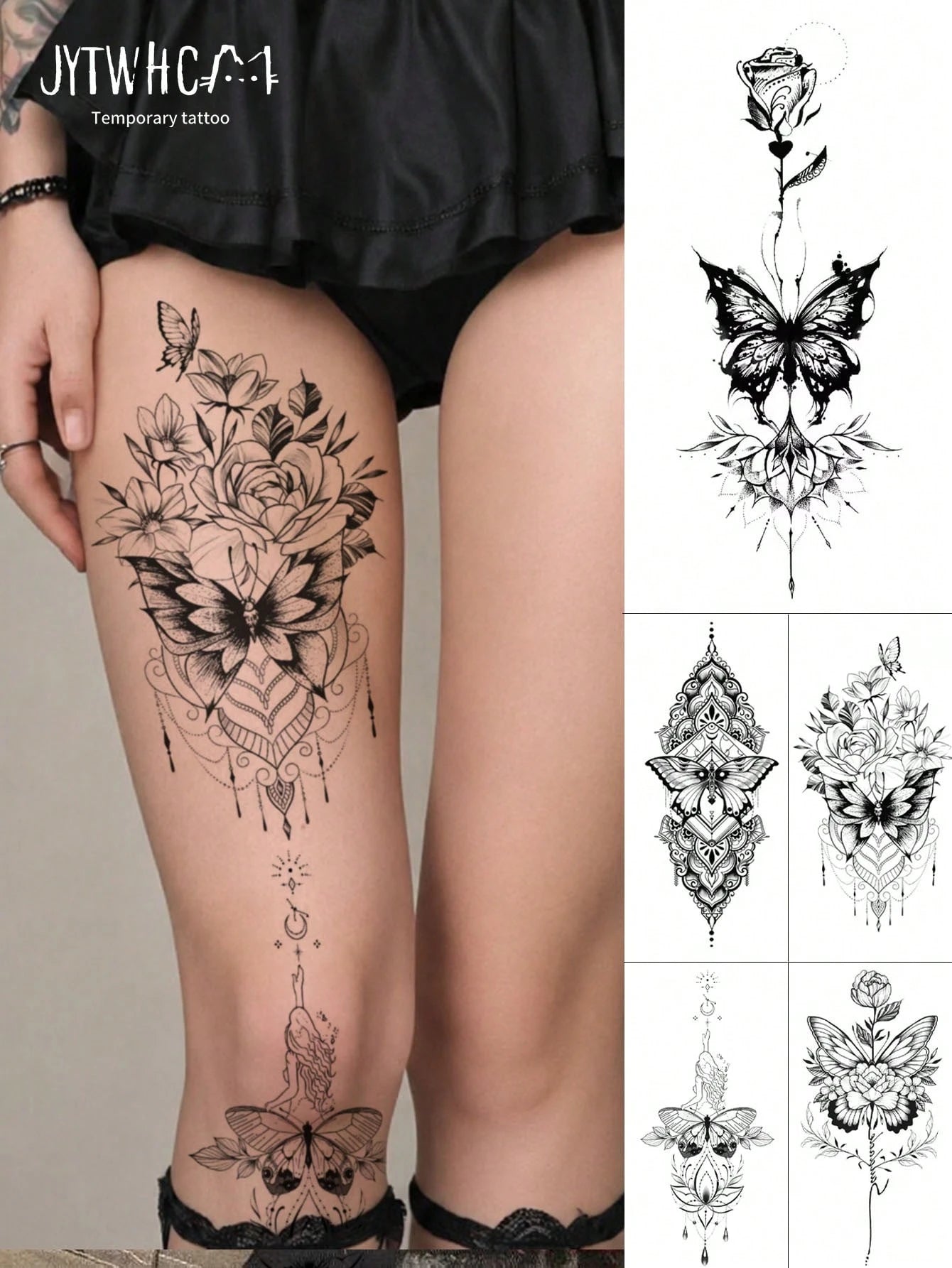 Large Black Realistic Vintage Sketch Rose, Butterfly & Mandala Floral Temporary Tattoo Stickers, Women's Back Waist Spine Tattoo, Bohemian Style Floral Waterproof Long-Lasting Realistic Body Stickers