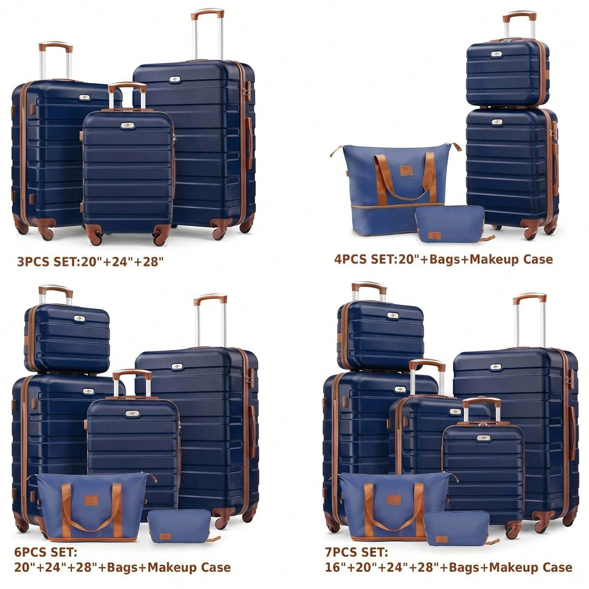 Large Capacity ABS Hardside Luggage Set, 16/20/24/28 Inch Spinner Suitcases + 2 Travel Bags + 1 Cosmetic Case, 7-Piece Set For Holiday Travel