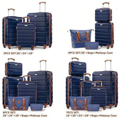 Large Capacity ABS Hardside Luggage Set, 16/20/24/28 Inch Spinner Suitcases + 2 Travel Bags + 1 Cosmetic Case, 7-Piece Set For Holiday Travel