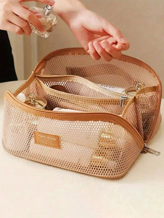 Large Capacity Nylon Mesh Cosmetic Bag, Breathable Multi-Layer Makeup Organizer Pouch, Lightweight Toiletry Bag, Fashion Travel Wash Bag With Compartments, Suitable For Toiletries And Makeup Tools, Fo