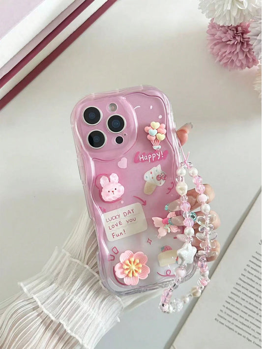 Large Flower Applique Painted Flat Print Cream Wavy Edge With Bracelet Simple Anti-Drop Thickened Phone Protective Case Suitable For Ip 17/Ip 17pro/Ip 17promax/Iphone16 XR/7/8 Iphone15Promax/12PROMAX
