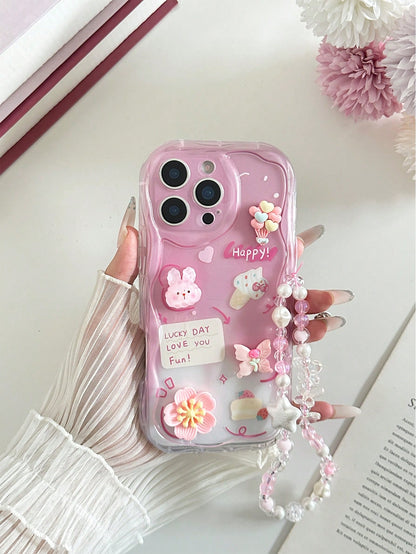 Large Flower Applique Painted Flat Print Cream Wavy Edge With Bracelet Simple Anti-Drop Thickened Phone Protective Case Suitable For Ip 17/Ip 17pro/Ip 17promax/Iphone16 XR/7/8 Iphone15Promax/12PROMAX