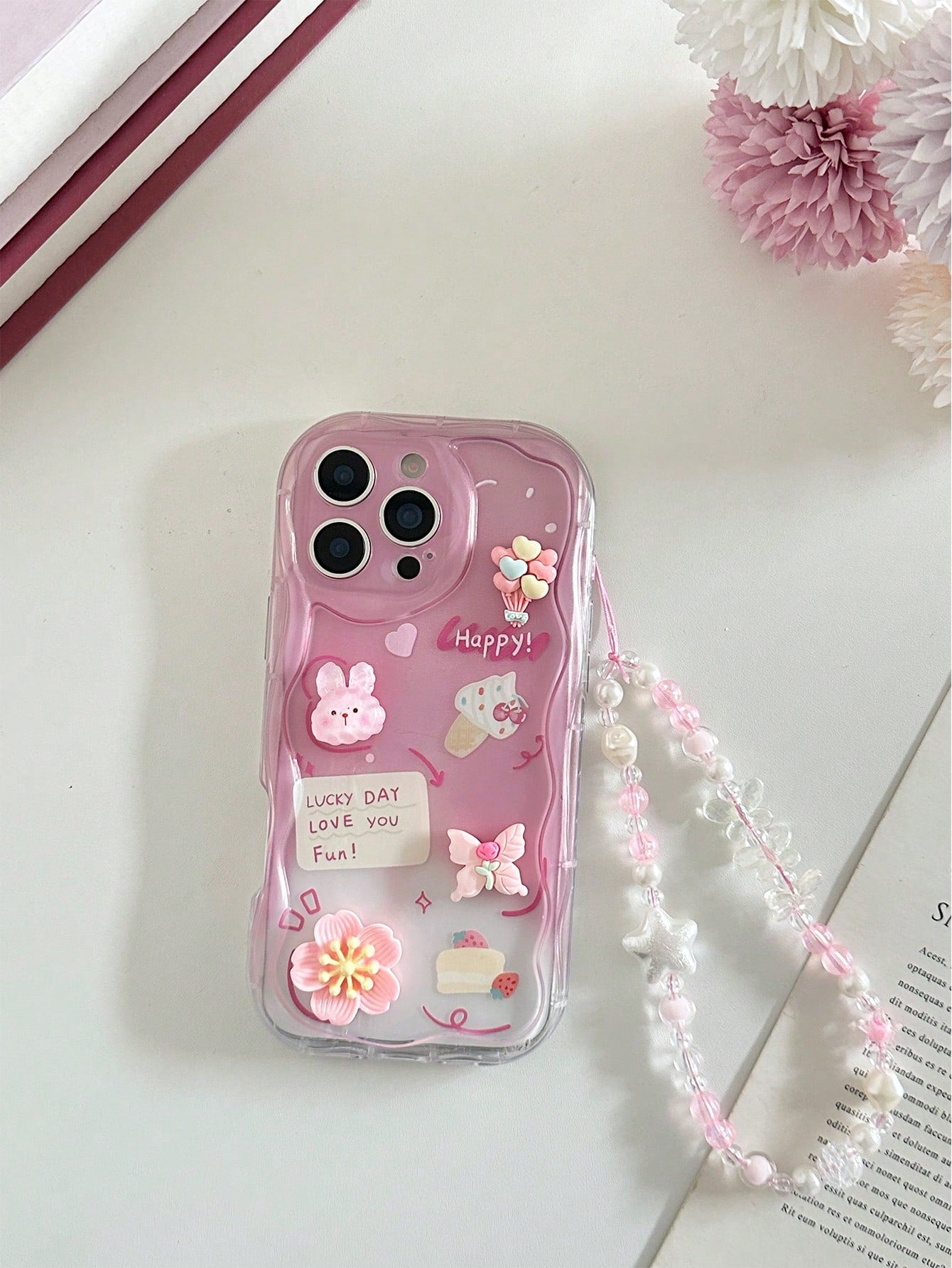 Large Flower Applique Painted Flat Print Cream Wavy Edge With Bracelet Simple Anti-Drop Thickened Phone Protective Case Suitable For Ip 17/Ip 17pro/Ip 17promax/Iphone16 XR/7/8 Iphone15Promax/12PROMAX