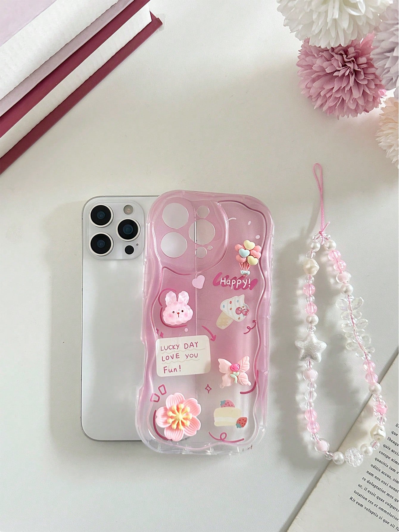 Large Flower Applique Painted Flat Print Cream Wavy Edge With Bracelet Simple Anti-Drop Thickened Phone Protective Case Suitable For Ip 17/Ip 17pro/Ip 17promax/Iphone16 XR/7/8 Iphone15Promax/12PROMAX